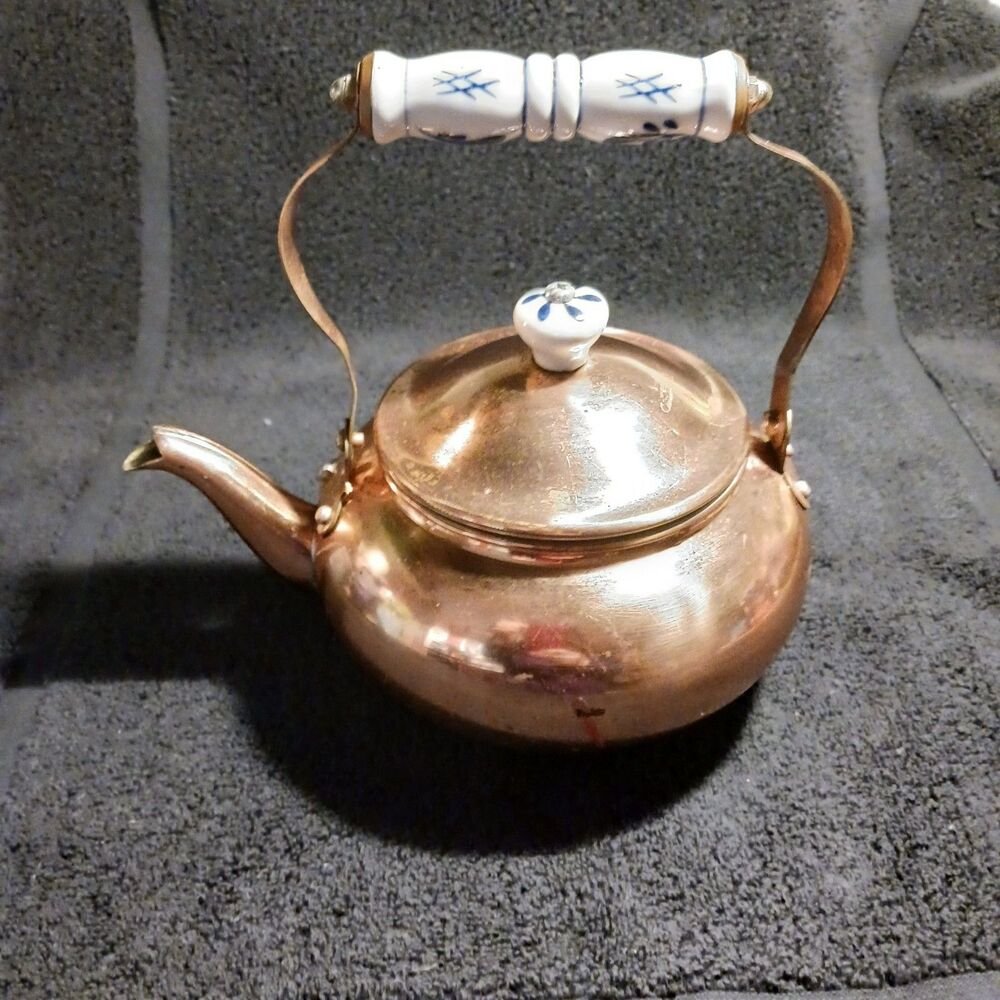 Vintage Antique Copper Tea Kettle / Pot White Porcelain Handle Collectible